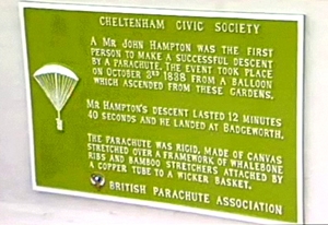 The plaque on the Bandstand in Montpellier Gardens, Cheltenham, commemorating John Hampton's parachute descent from a hot air balloon in 1838