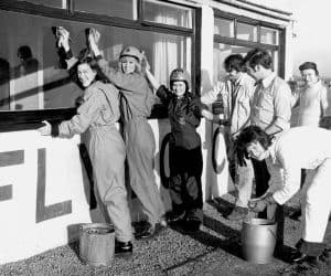 Sue McDermot, June Teasdale and Ann (surname unknown), Anne Bintcliffe (over bucket)